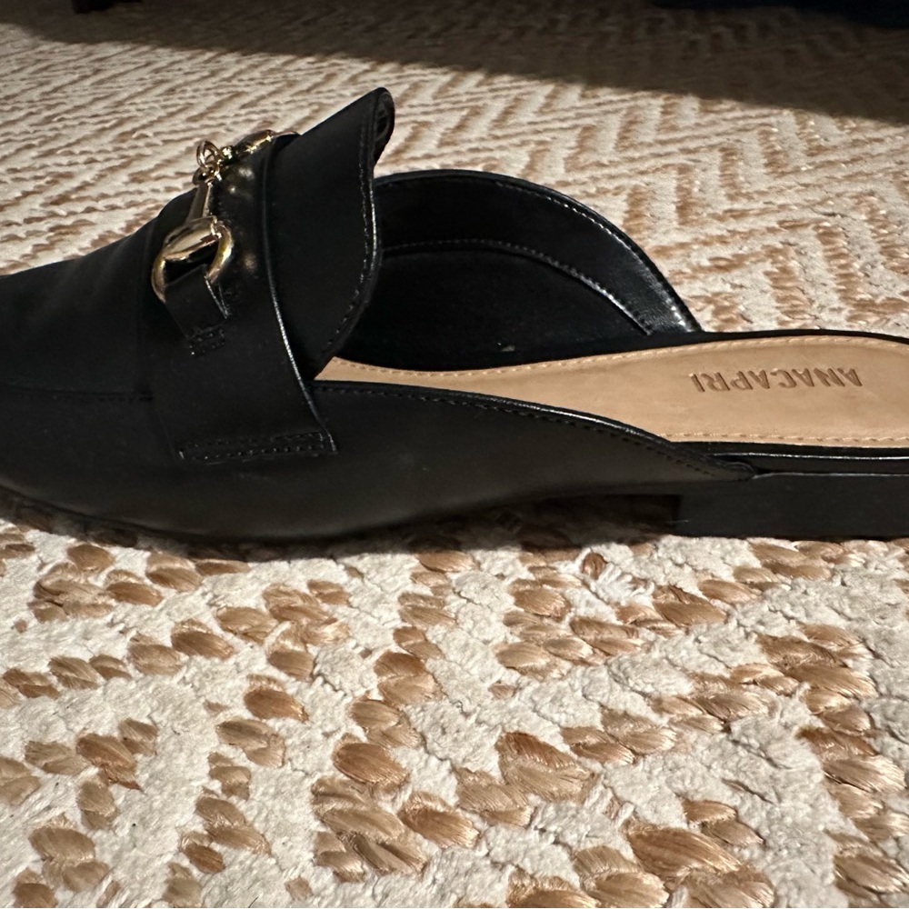 Anne Klein Black Mules with Gold Buckle